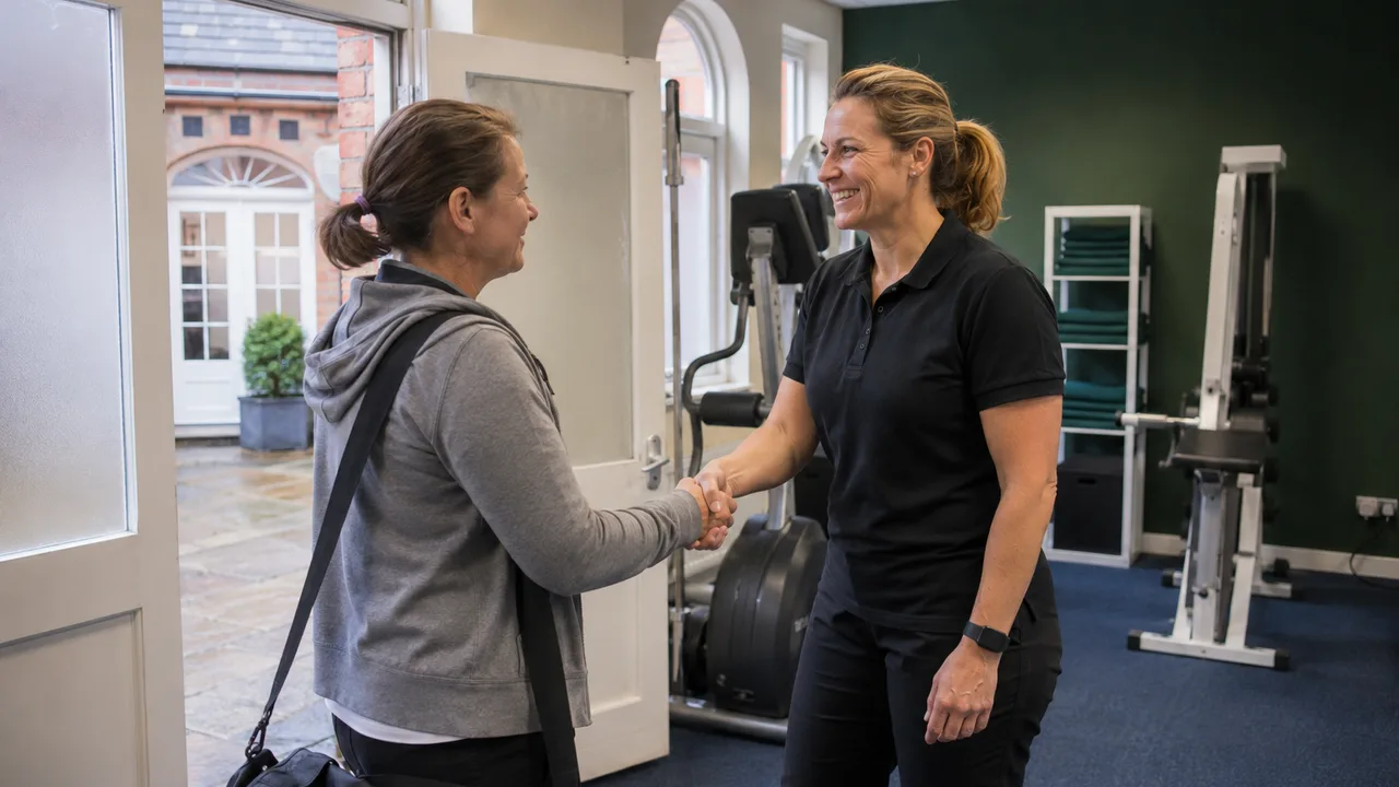 A personal trainer warmly welcoming a new client at the studio entrance