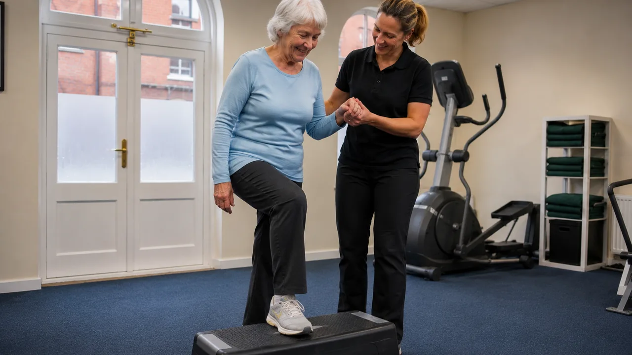 A rehabilitation trainer supporting an older client performing a step-up exercise