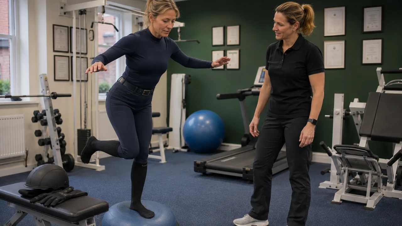 An equestrian client performing a single-leg balance exercise on a BOSU ball with her riding helmet nearby