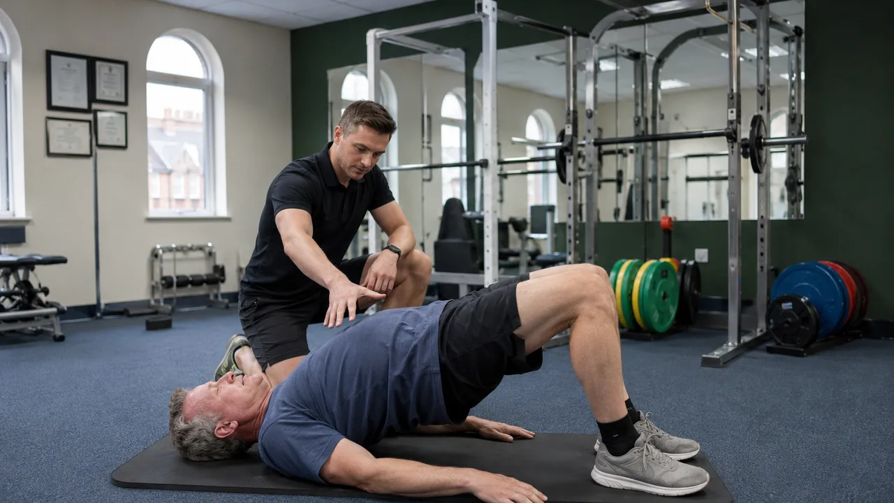 A trainer coaching a client through a glute bridge back-strengthening exercise in the studio