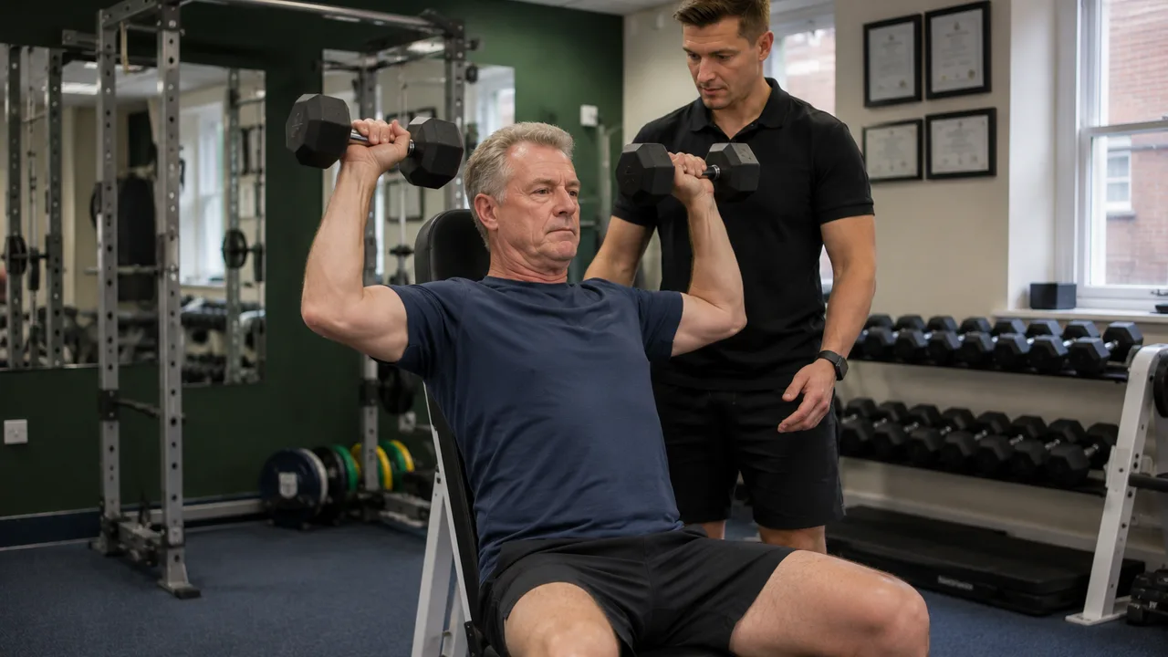 A man in his sixties performing a seated dumbbell shoulder press with controlled form