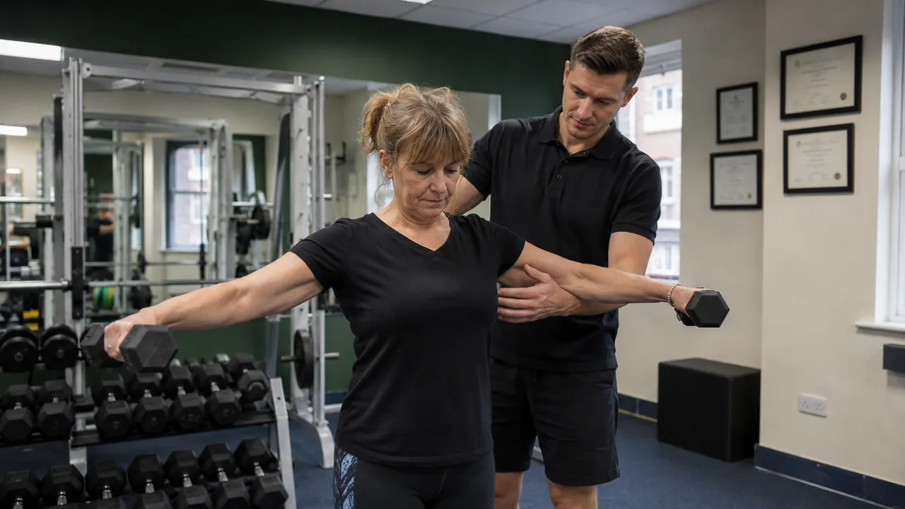 A personal trainer guiding a client through a dumbbell exercise with hands-on form correction